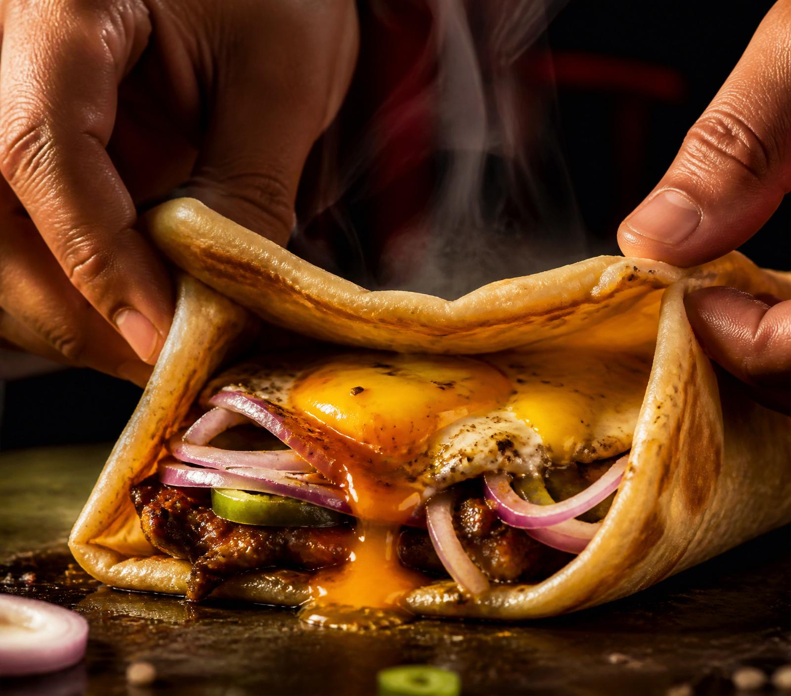 Kolkata egg roll being hand-wrapped with a runny egg yolk cascading over spiced filling